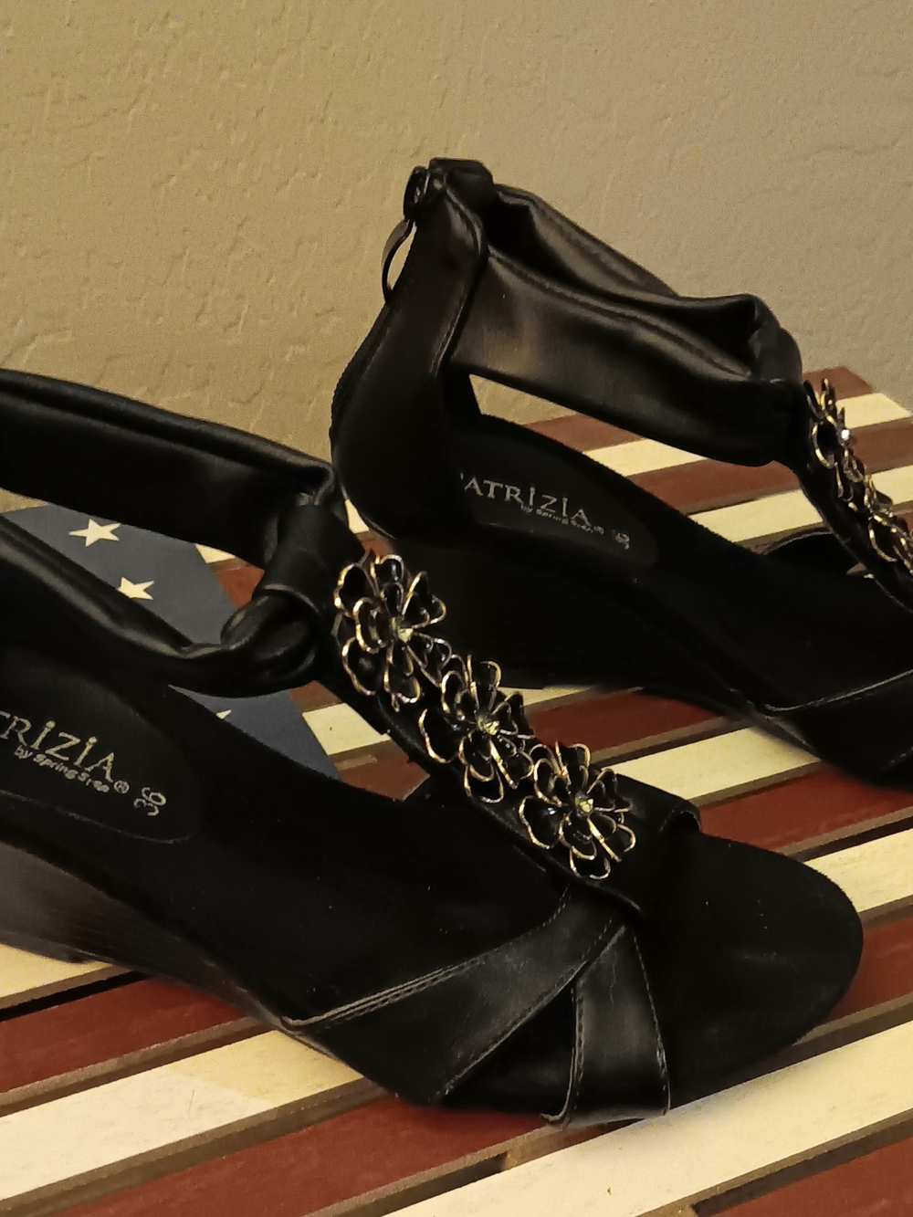 Black Floral T-Strap Heels with Gold Accents - Picture 2 of 3
